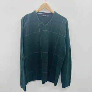 Nautica Mens Size Large Cotton V Neck Plaid Grid Print Pullover Sweater Green